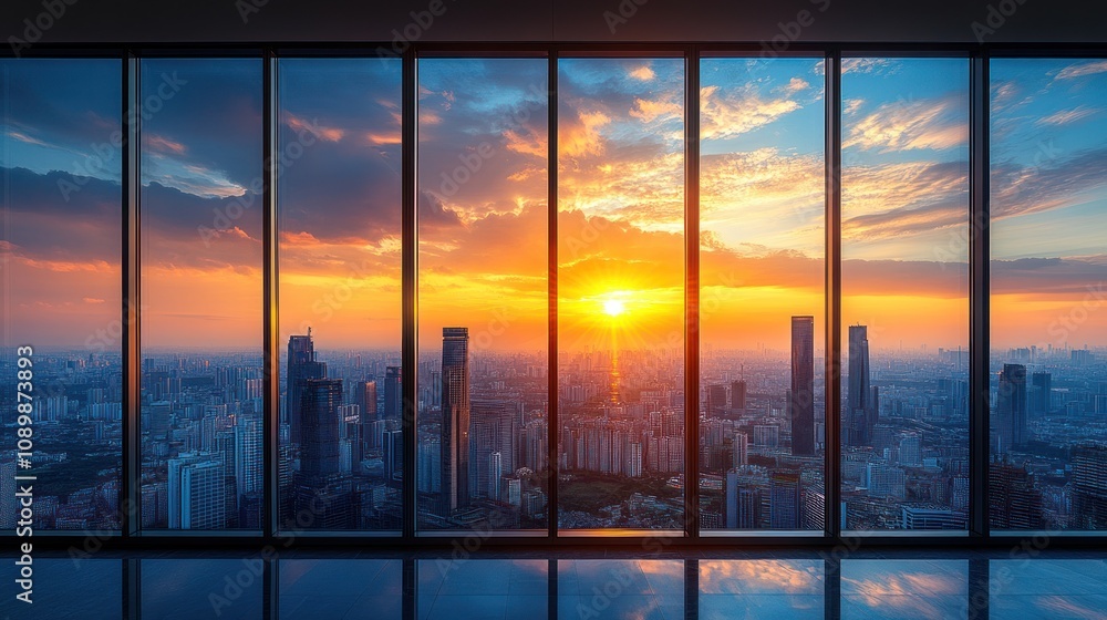 Fototapeta premium Stunning sunset cityscape view from panoramic window.