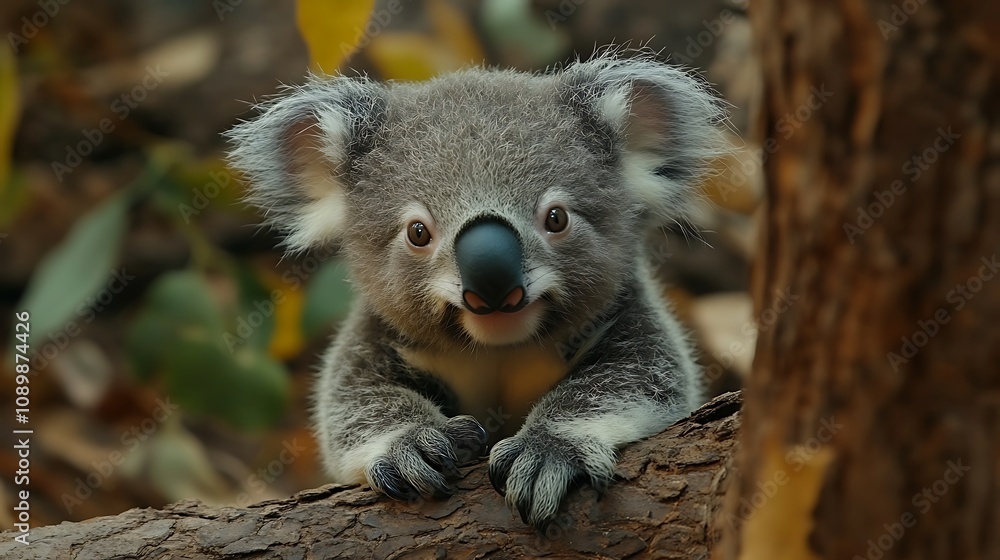 Fototapeta premium Koala peacefully staring ahead amidst lush greenery wallpaper images