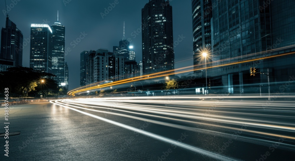 Fototapeta premium Night cityscape with light trails in urban setting