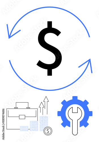 Dollar sign encircled by arrows symbolizing financial cycles above business and finance icons, including a briefcase, bar graphs, and a gear with a wrench. Ideal for finance, business growth