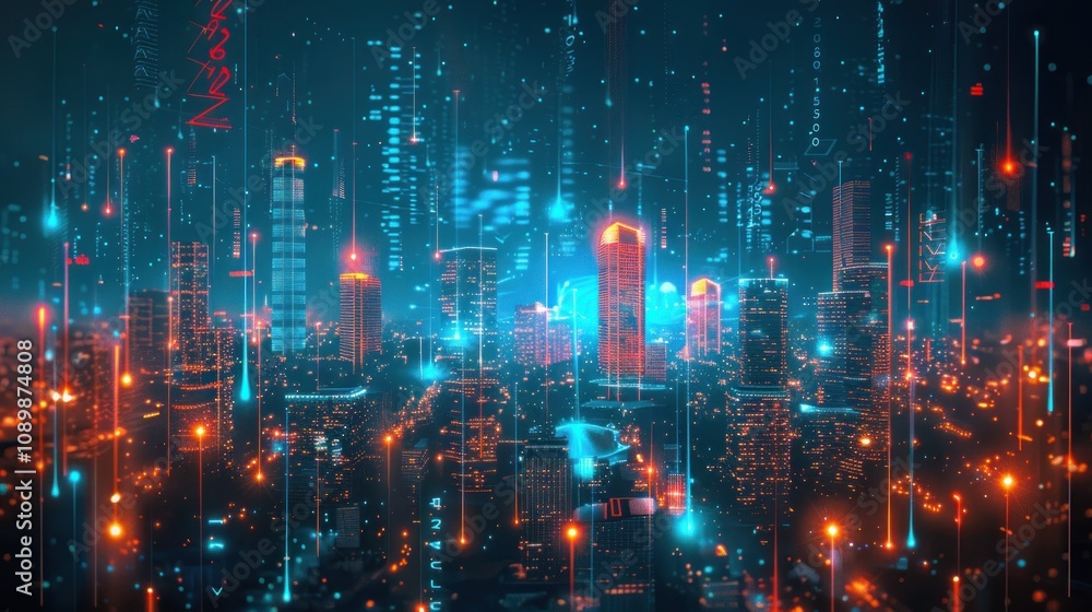 Obraz premium A futuristic city skyline with glowing lights and digital data streams.