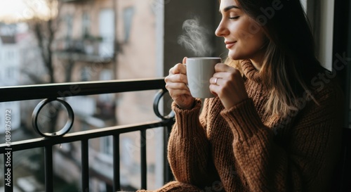 Young caucasian female enjoying morning coffee on balcony