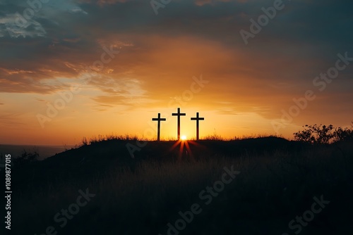 Wallpaper Mural Silhouette of three crosses on a hill during a glowing twilight Torontodigital.ca
