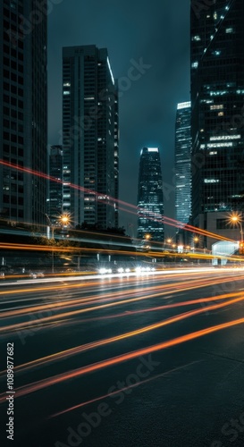 Night cityscape with light trails and skyscrapers in urban downtown