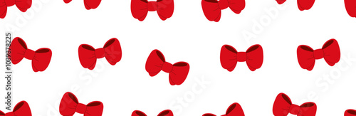 Red ribbon pattern with bows in seamless and repeating design. Christmas Striped border background for present decoration.