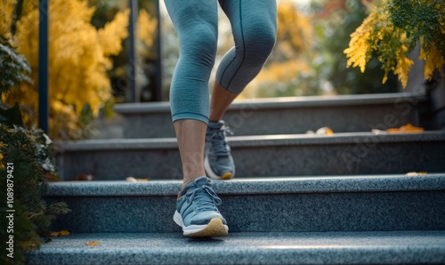 Person climbing stairs with difficulty, knee osteoarthritis causing strain and discomfort, Osteoarthritis knee, mobility limitation concept photo