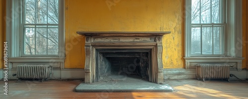 An abandoned historic room featuring an aged, ornate fireplace with rustic wooden details against a vibrant yellow wall, flanked by two large windows letting in dappled sunlight