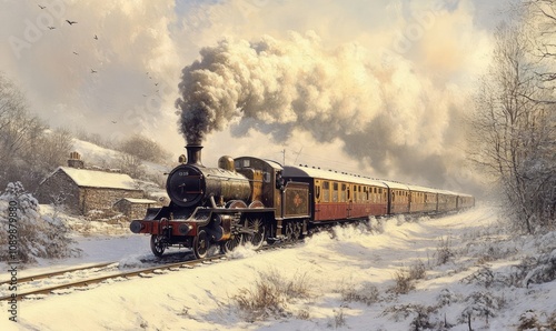 Steam locomotive pulling passenger cars through snowy countryside landscape with billowing smoke in winter. --ar 5:3 --v 6.1 Job ID: 1dda52b1-d9fa-4d68-b201-a457a2bf2044 photo