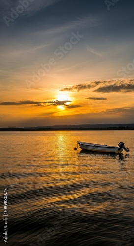 Serene sunset over lake with silhouette boat and tranquil horizon photo