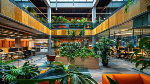 A vibrant office with a large central atrium, featuring a glass ceiling, indoor plants, and collaborative workspaces