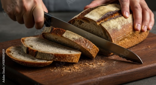 Slicing fresh artisan bread on wooden cutting board photo