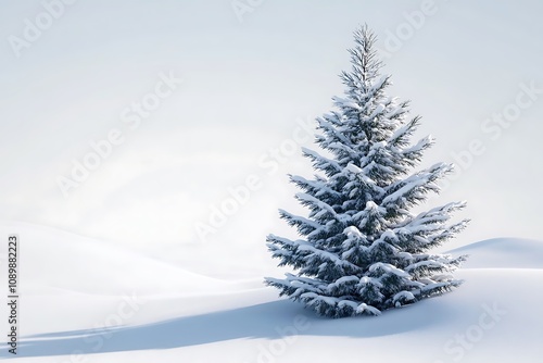 Snow-covered tree on a white snowy background