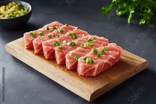 Fresh, pink tuna fillets garnished with chopped green onions on a rustic wooden board. photo