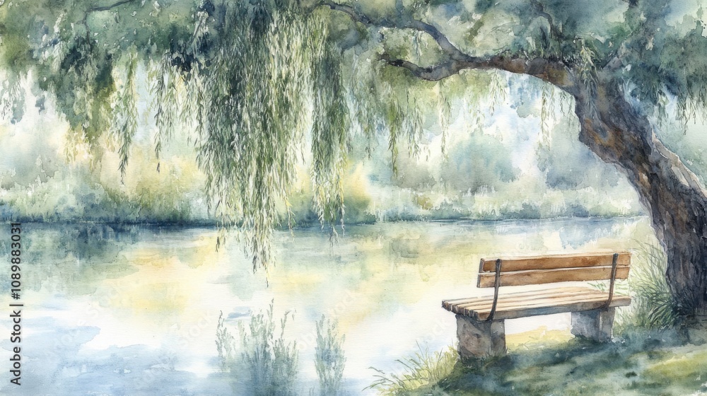 Obraz premium Serene lakeside scene featuring a wooden bench under a willow