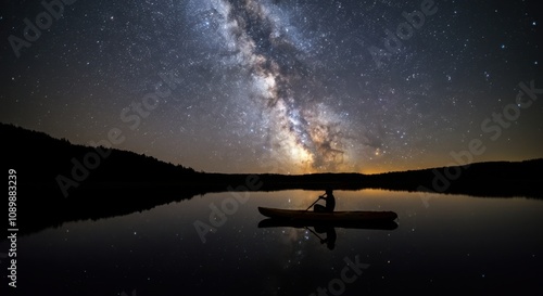 Stunning milky way reflected over calm lake with kayaker under starry night sky