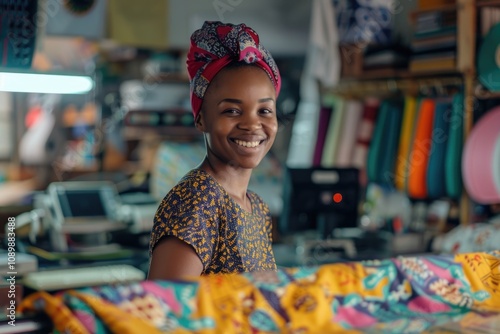 African American woman owns fashion workshop  creates textile garments. photo