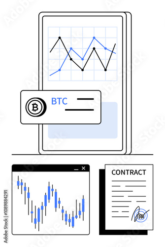 BTC chart analysis on a tablet with fluctuating graphs, a signed contract, and financial data. Ideal for finance, cryptocurrency, stock market, trading, analysis business investment. Line metaphor