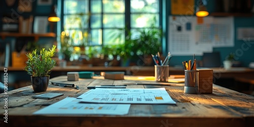 Wallpaper Mural A beautifully sunlit modern office workspace with a wooden table, showcasing design plans and stationary in a creative, inspiring environment Torontodigital.ca