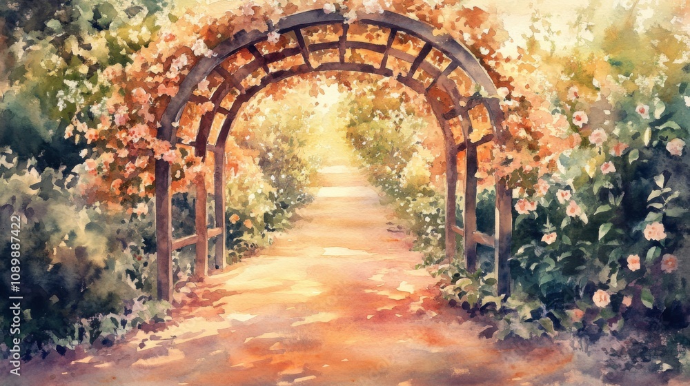 Fototapeta premium Tranquil garden pathway framed by a wooden archway with flowers