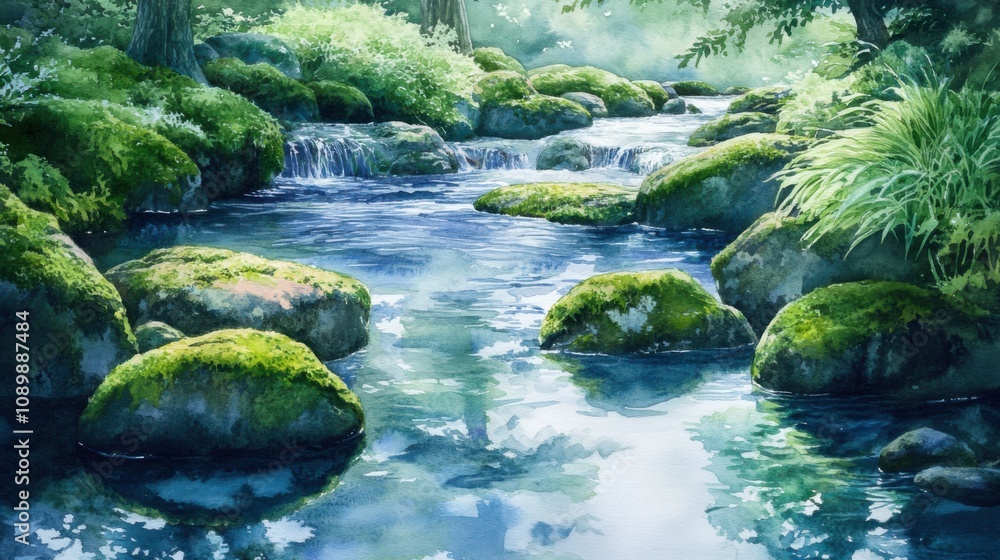 Fototapeta premium Tranquil stream surrounded by moss-covered rocks and greenery