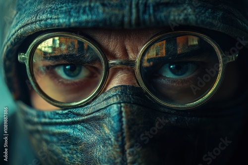 A mysterious character with intense blue eyes peers through round spectacles, wearing a leather garment that covers their face partially, exuding intrigue and enigma