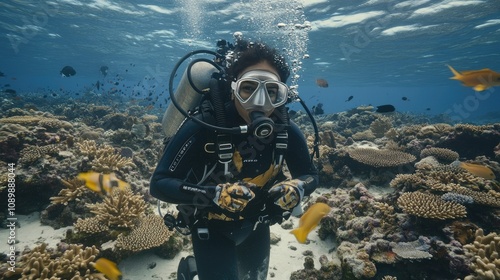 Wallpaper Mural Young scuba diver exploring vibrant coral reef teeming with colorful tropical fish and marine life, showcasing underwater adventure and environmental beauty Torontodigital.ca