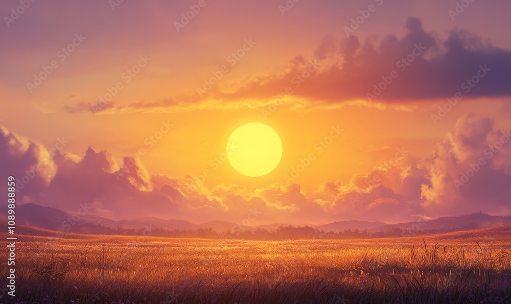 Obraz premium Sunrise over a tranquil landscape with a vibrant sky and glowing sun