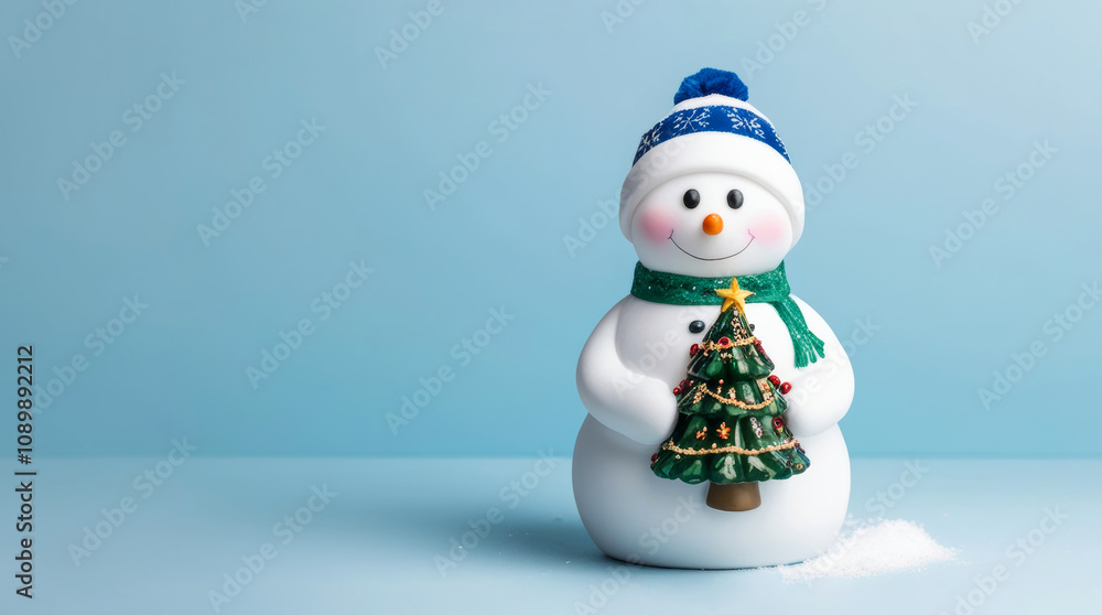 Fototapeta premium Cute snowman with a scarf and hat holding a Christmas tree on a solid blue background.