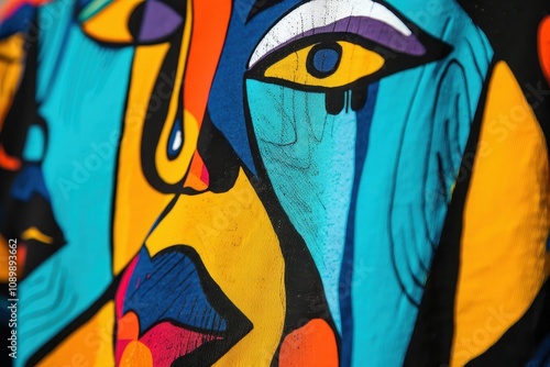 Vibrant colorful mural showcasing abstract faces in an urban setting during daylight
