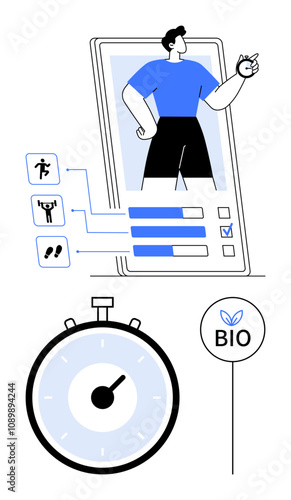 Smartphone displaying fitness app with user profile and activity logs stopwatch and BIO label. Ideal for fitness apps, health tracking, exercise, lifestyle, wellness, biohacking, technology. Line