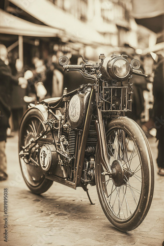 Vintage Steampunk Motorcycle with Futuristic Design, Featuring Industrial Aesthetics and Steam-Powered Components in an Urban Setting photo