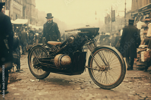 Vintage Steampunk Motorcycle with Futuristic Design, Featuring Industrial Aesthetics and Steam-Powered Components in an Urban Setting photo