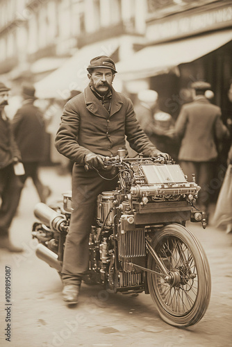 Vintage Steampunk Motorcycle with Futuristic Design, Featuring Industrial Aesthetics and Steam-Powered Components in an Urban Setting photo