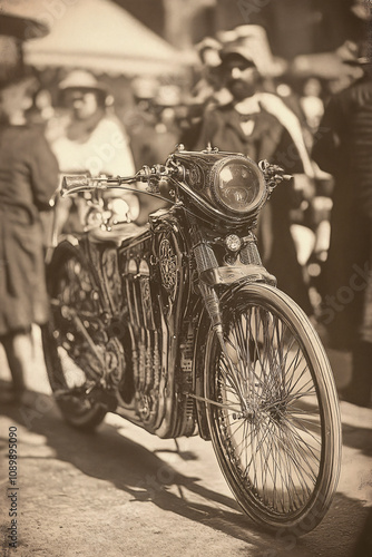 Vintage Steampunk Motorcycle with Futuristic Design, Featuring Industrial Aesthetics and Steam-Powered Components in an Urban Setting photo