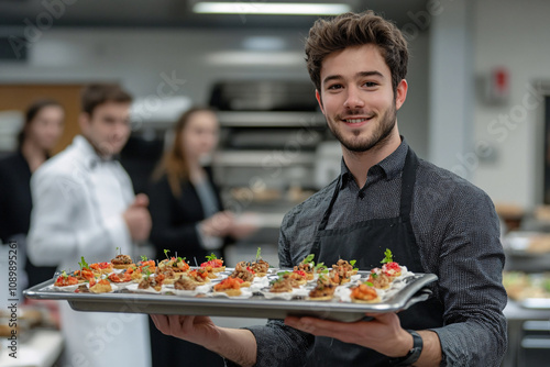 A man is holding a tray of food and smiling