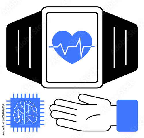 Smartwatch with heartbeat monitor, AI chip, hand. Ideal for health, fitness, technology, AI, wearable devices medical data analytics. Line metaphor