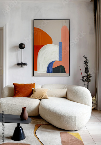 Minimalist, loft home interior design of modern stylish living room with curved white boucle sofa paired with vibrant orange and beige cushions. The room is completed with an abstract wall art. photo