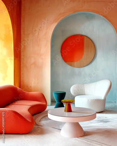 Minimalist, japandi home interior design of modern living room. Vibrant and artistic room with wavy red sofa and white modern armchair, minimalistic coffee table. photo