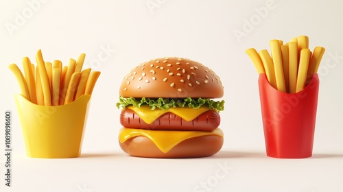 A juicy burger, hot dog, and fries—all pictured realistically in 3D—are shown against a white background.  This is a vector image. photo