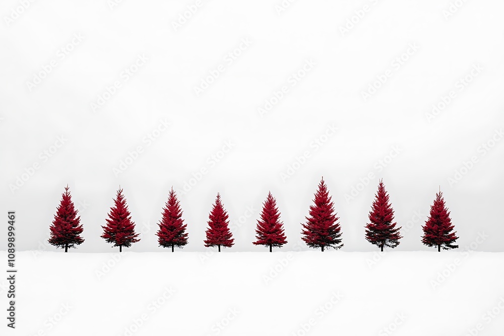 Obraz premium Minimalist Christmas tree silhouettes in red on a snowy white background