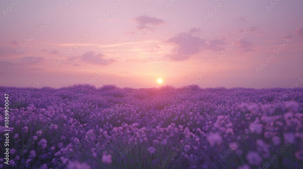 Obraz premium Lavender fields bask in the warm glow of a stunning sunset, AI