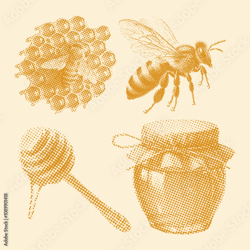 honey set, vintage photocopy stipple effect style, halftone design, hexagon honeycomb cells, bee, honey jar, dipper