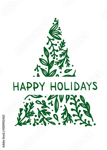 Hand-drawn botanical Christmas tree with Happy Holidays lettering, vector