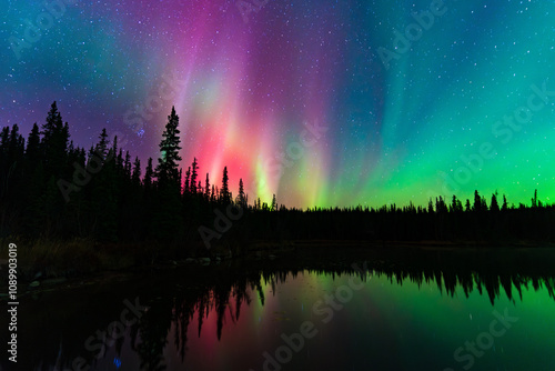 Colorful Aurora Borealis, Northern Lights, at Yellowknife, Northwest Territories, Canada