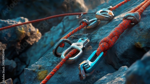 Top-Rope Sport Rock Climbing Setup with Bolts, Carabiners, Slings, Cordelettes, and Ropes. Risk Mitigation. Ultra-Realistic, Photorealistic Hypermaximalist Advertising Photography in 8K, Fine Detail photo