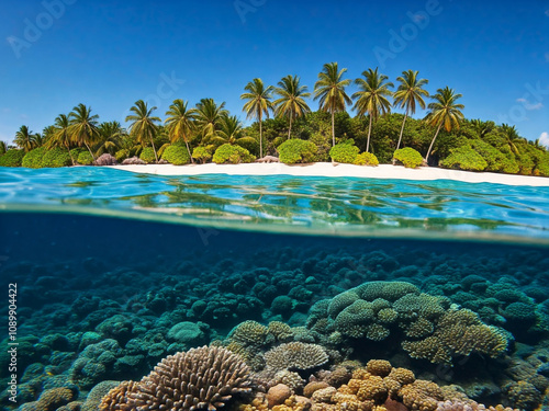 Caribbean style split half underwater, photo, in the superior part can be seen the shore of the beach through the waters and in the inferior part the bottom of the sea.