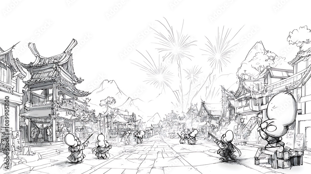Obraz premium Japanese villagers celebrate festival with fireworks in lively street scene. illustration captures joy and excitement of event, showcasing traditional architecture and festive activities