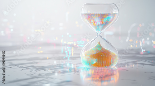 Digital hourglass with glowing particles in futuristic setting