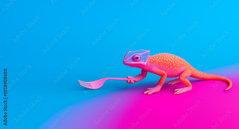 Fototapeta premium Humorous scene of a chameleon holding a fork on a turquoise and pink background. Perfect for quirky messages.