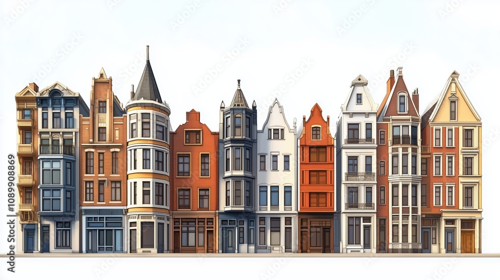 Naklejka premium Charming vintage town houses along Chicago streets bathed in the warm glow of a captivating sunrise with a serene white background